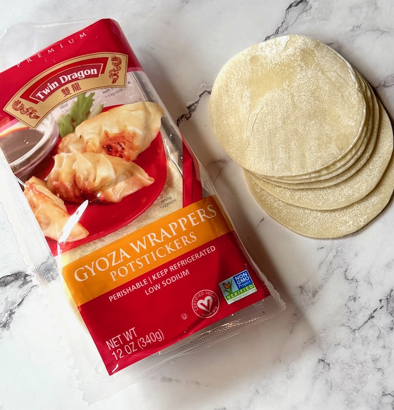 Image of the potsticker wrappers and the package.
