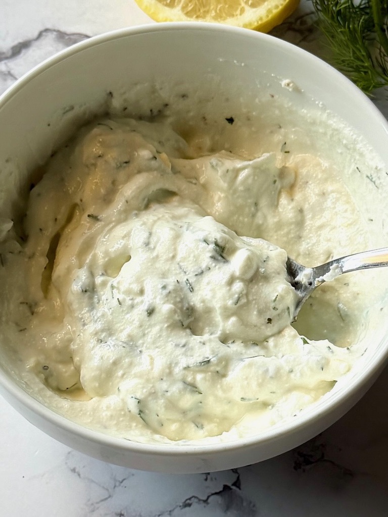 feta yogurt sauce combined in a small bowl