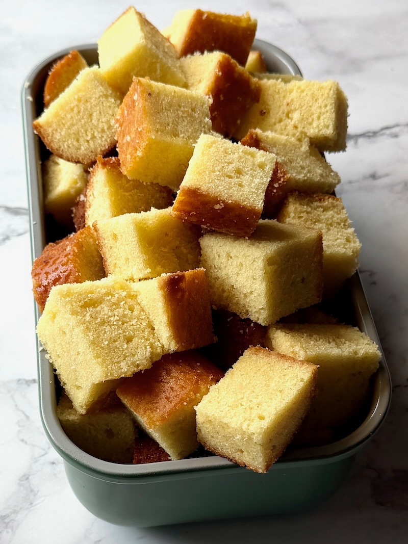 Pound cake cut in medium size cubes.
