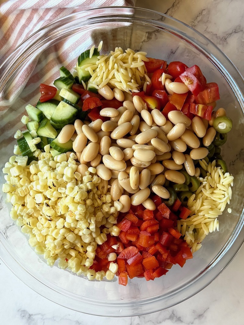 Salad ingredients in a medium bowl.