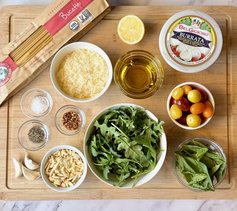 Ingredients displayed for Bucatini arugula pesto pasta
