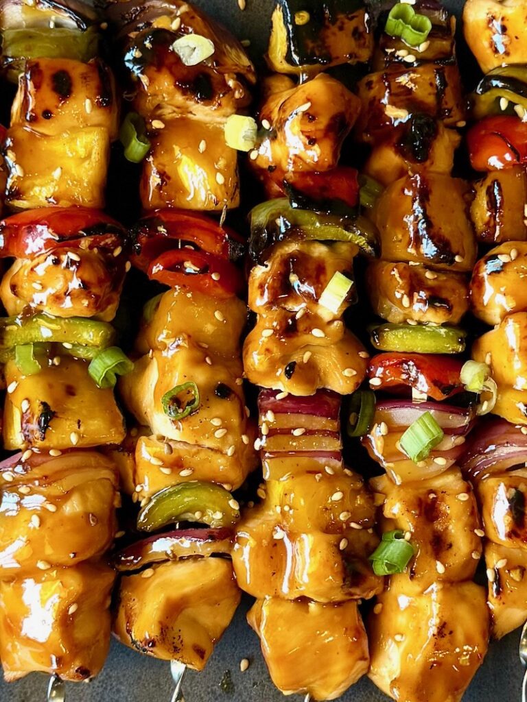 Close up of teriyaki chicken kabobs
