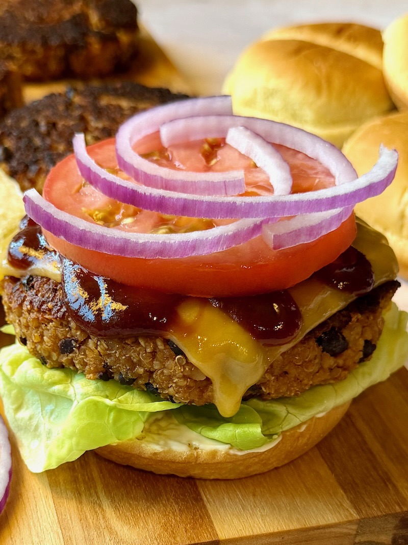 Black bean burger assembled with the top bun off