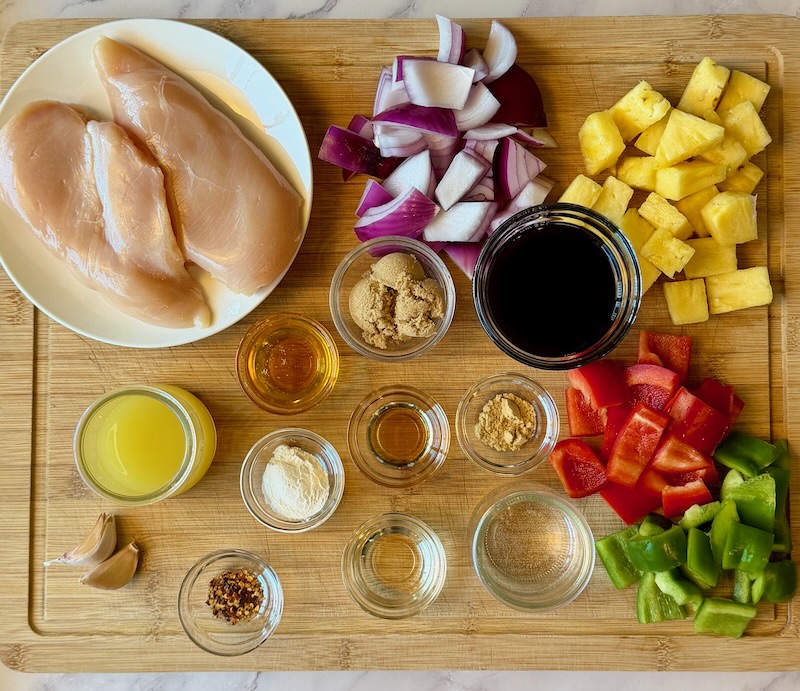 Ingredients displayed for teriyaki chicken kabobs 