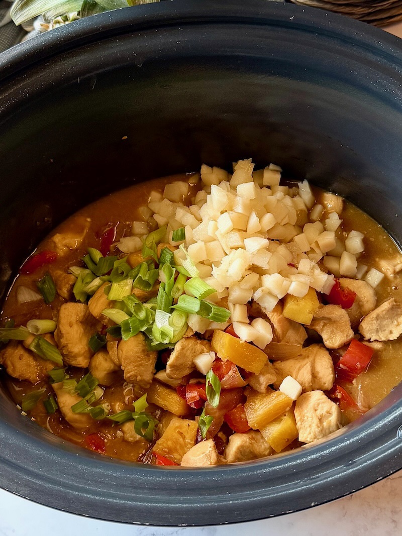 water chestnuts and green onions added to the chicken and veggies. 