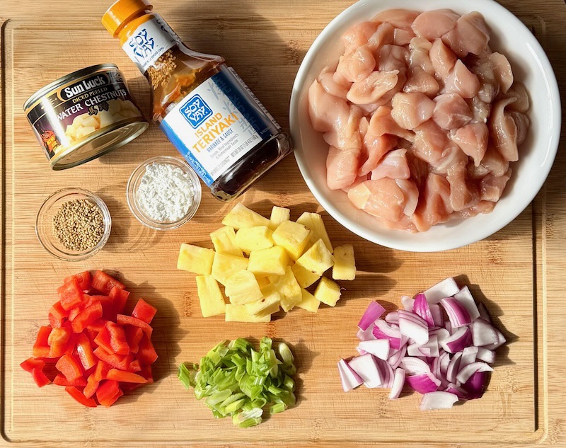 Ingredients displayed for slow cooker pineapple chicken