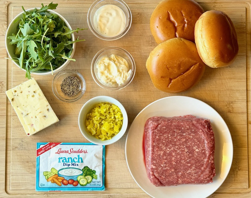 Ingredients displayed for ranch burgers