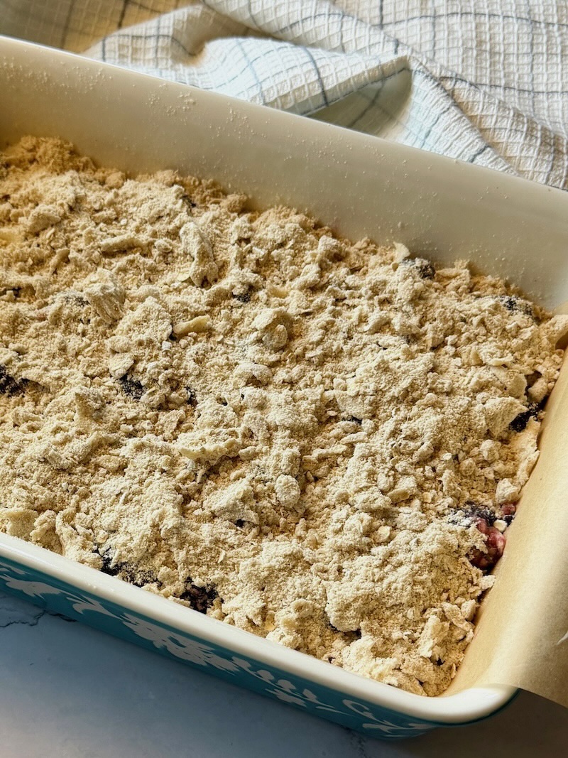 remaining dry ingredients crumbled over the berries like a crumble.