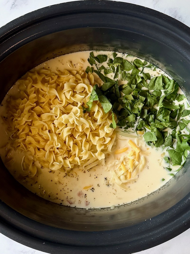 pasta, spinach, and cheese mixed with the remaining soup ingredients. 