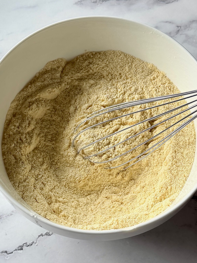 Dry ingredients mixed in a mixing bowl