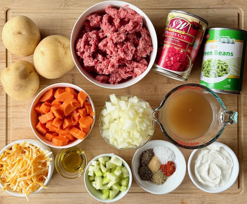 Ingredients displayed for ground beef and potato casserole