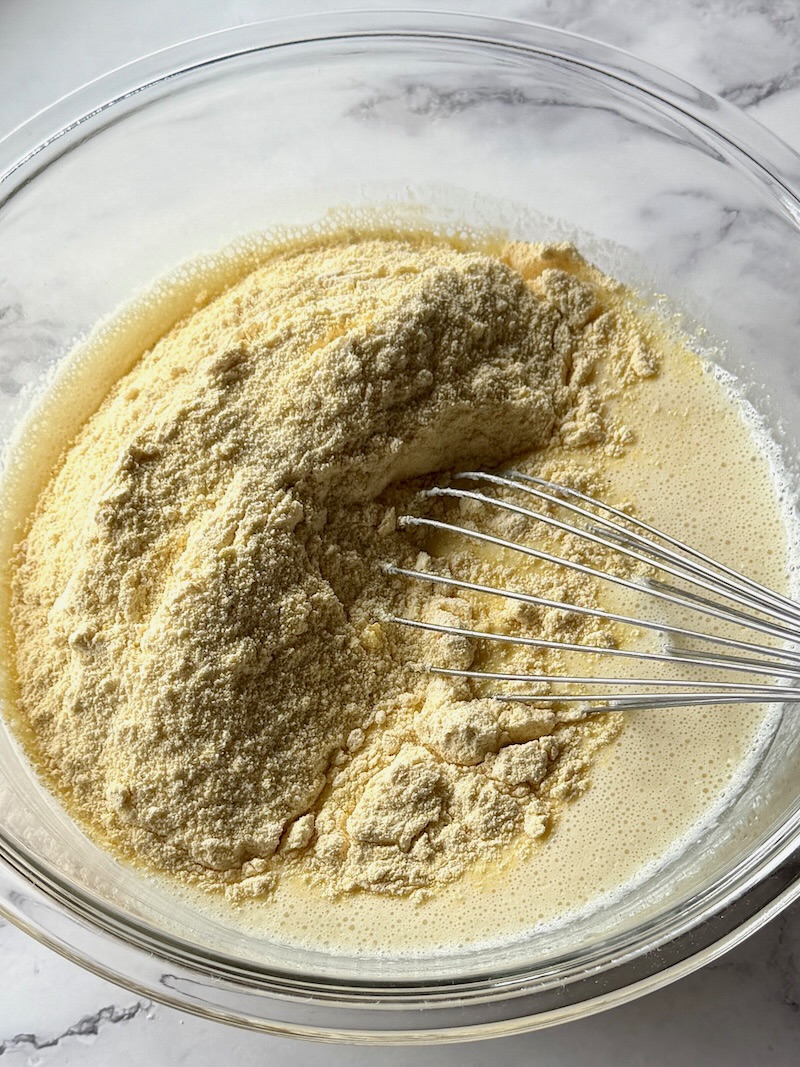 Dry ingredients added to the wet ingredients.