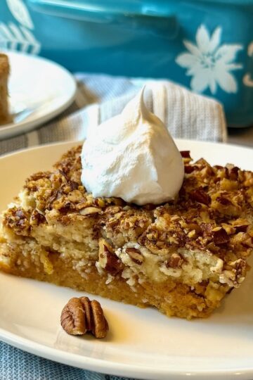 Slice of pumpkin dump cake with whipped cream on top