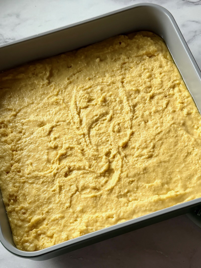 Cornbread batter in a baking dish