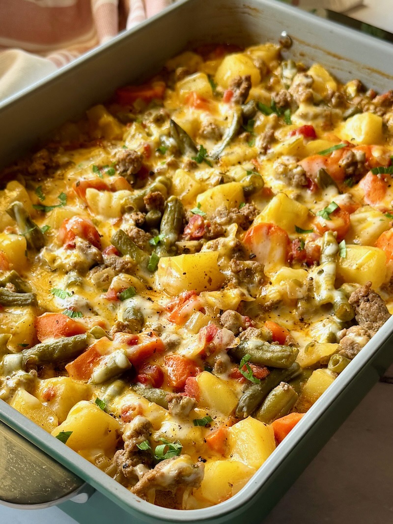 Ground beef and potato casserole baked in a baking dish