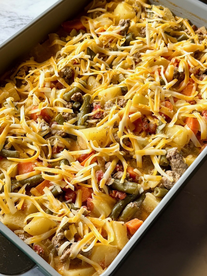 Cheese on top of the casserole
