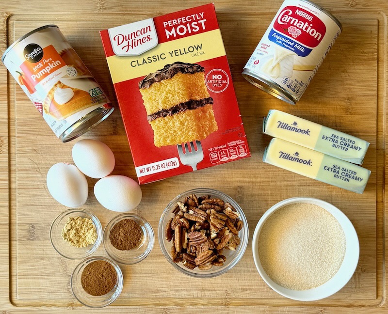 Ingredients displayed for pumpkin dump cake